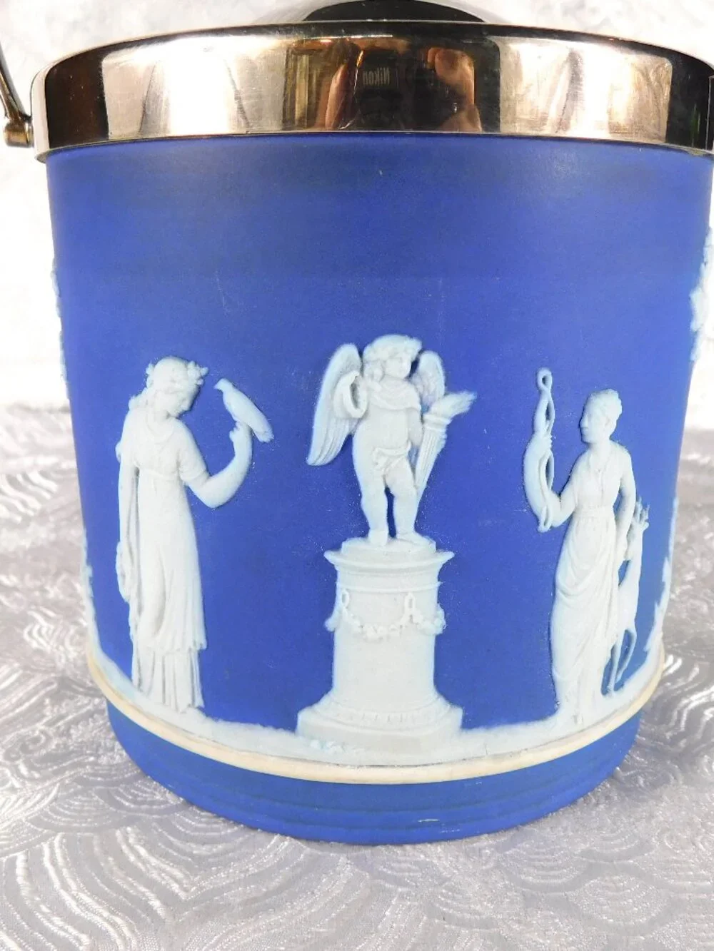 Wedgwood Cream on Dark Blue Jasperware Biscuit Barrel with Lid # 27806